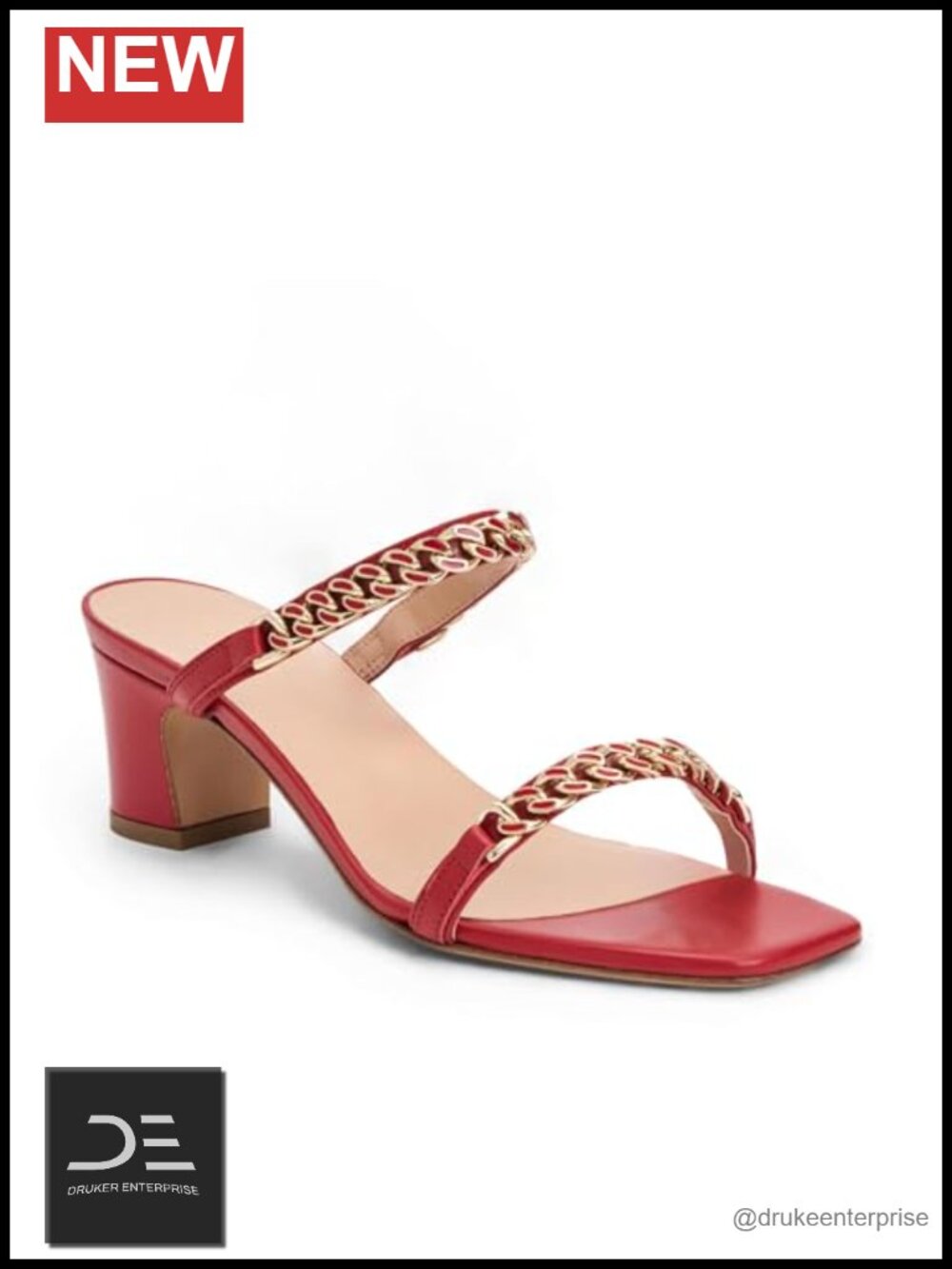Italian Leather Square Toe Heeled Sandals Slip On Chain Strap Dressy